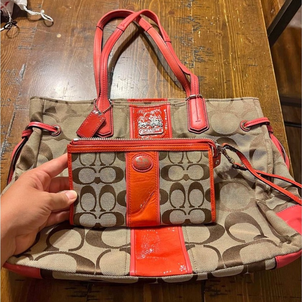 Coach Chelsea Signature Stripe Charlie tote bag and matching wallet